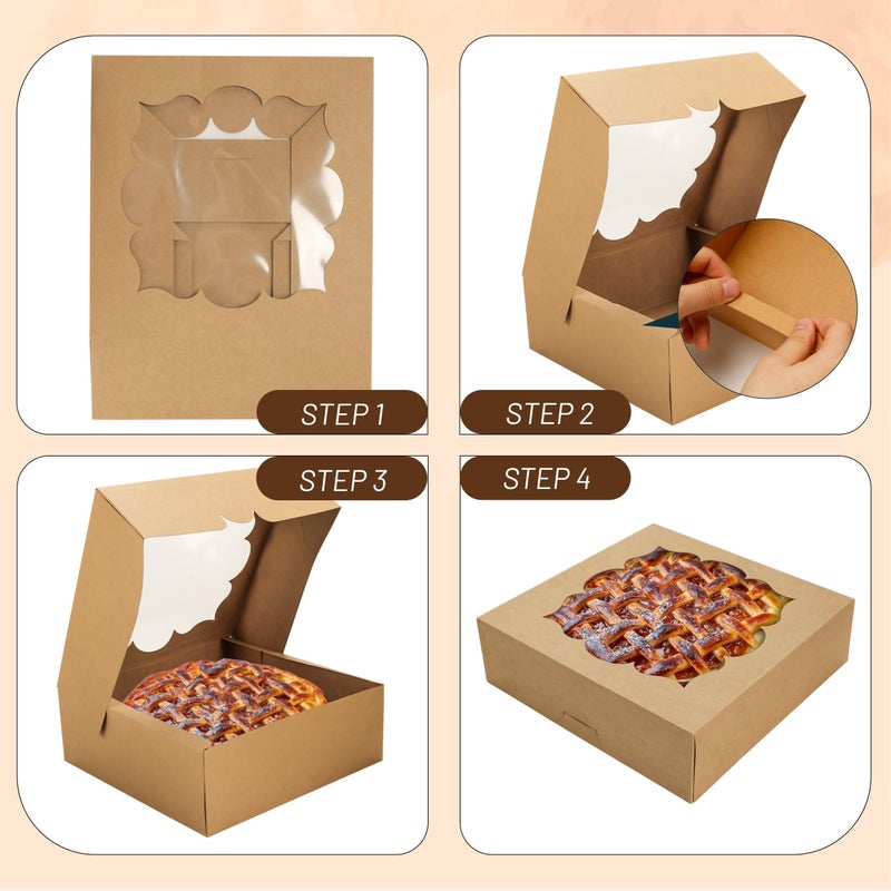 NPLUX 20 Pack Pie Boxes 10x10x3inch Bakery Boxes with Window Dessert Pastry Boxes Pie Boxes 10 inch for Pies Cheesecake and Chocolate Covered Strawberries (Brown) - Image 4